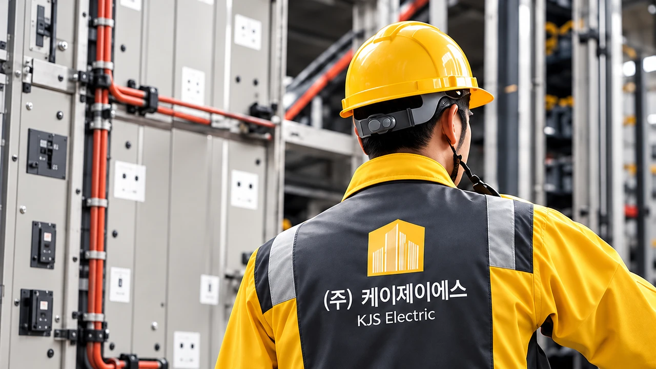 안전장비를 착용하고 전기설비를 점검하는 작업자